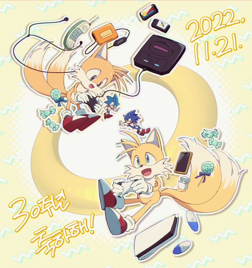 sonic the hedgehog, tails, classic sonic, and classic tails (sonic and 1 more) drawn by banri_0917