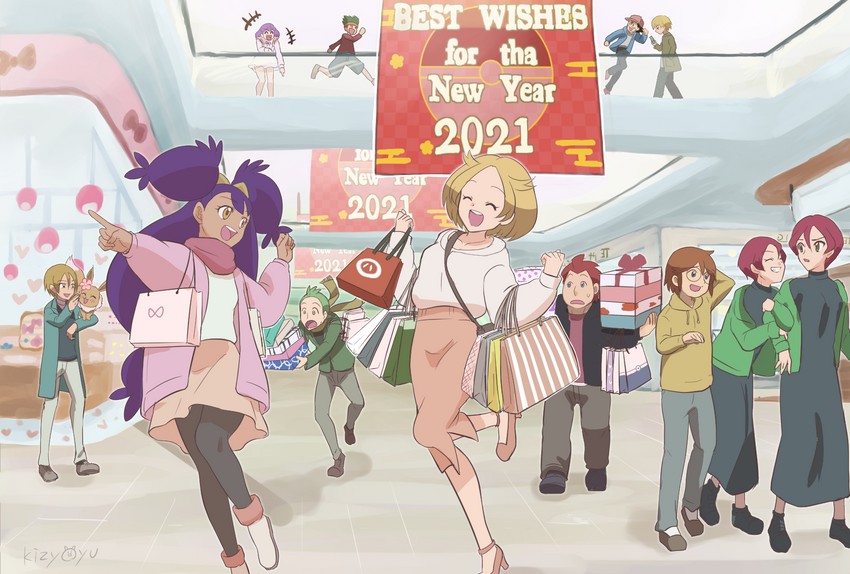 ash ketchum, eevee, bianca, iris, cilan, and 5 more (pokemon and 1 more) drawn by kijouyu