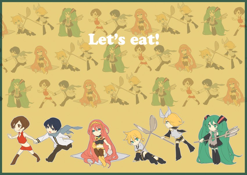 hatsune miku, kagamine rin, kagamine len, megurine luka, kaito, and 1 more (vocaloid) drawn by lowe_(slow)