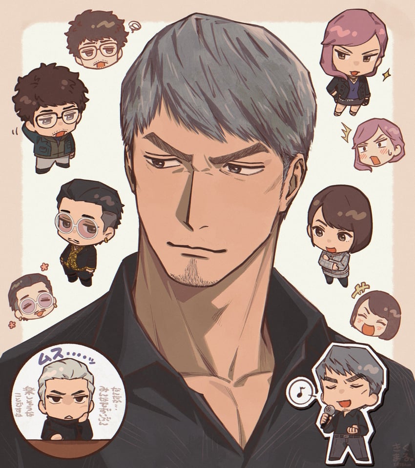 kiryu kazuma, zhao tianyou, mukoda saeko, han joon-gi, nanba yu, and 1 more (ryuu ga gotoku and 1 more) drawn by tonta_(tonta1231)