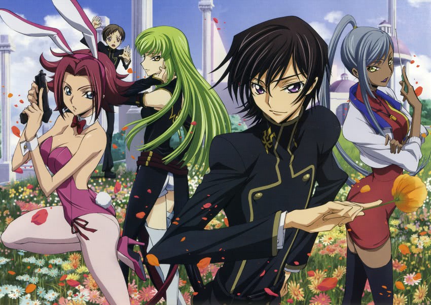 c.c., lelouch vi britannia, kouzuki kallen, villetta nu, and rolo lamperouge (code geass) drawn by ishida_kana