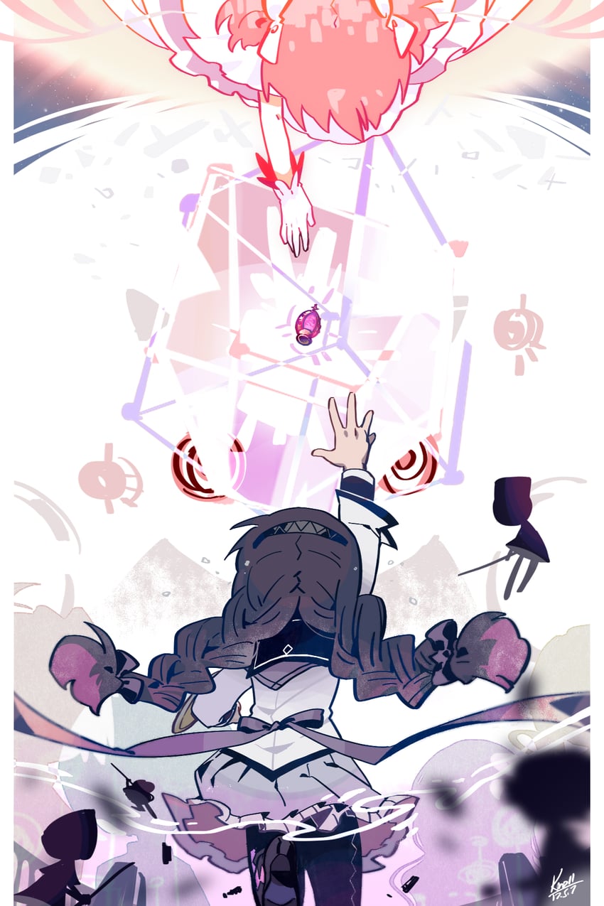 akemi homura, kaname madoka, and ultimate madoka (mahou shoujo madoka magica) drawn by knoll_the_plaid