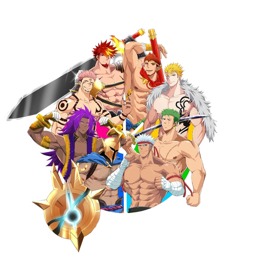 roronoa zoro, ryoumen sukuna, bhima, pantheon, laxus dreyar, and 3 more (fate and 8 more) drawn by kiazu114