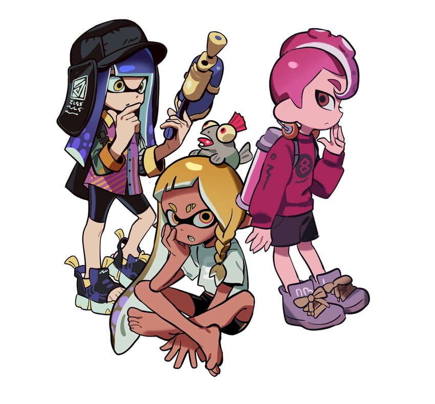 inkling player character, inkling girl, octoling player character, octoling boy, smallfry, and 2 more (splatoon and 1 more) drawn by xjhxbssj