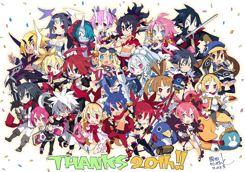 etna, prinny, flonne, laharl, rozalin, and 18 more (disgaea and 8 more) drawn by harada_takehito