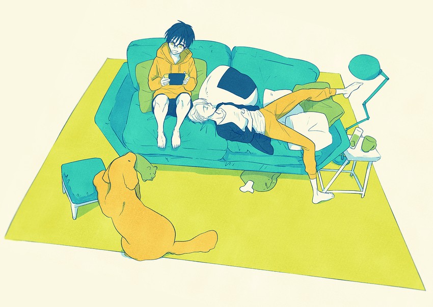 katsuki yuuri, viktor nikiforov, and makkachin (yuri!!! on ice) drawn by tanao