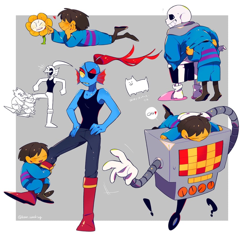 frisk, sans, undyne, flowey, mettaton, and 1 more (undertale) drawn by kanianoreki