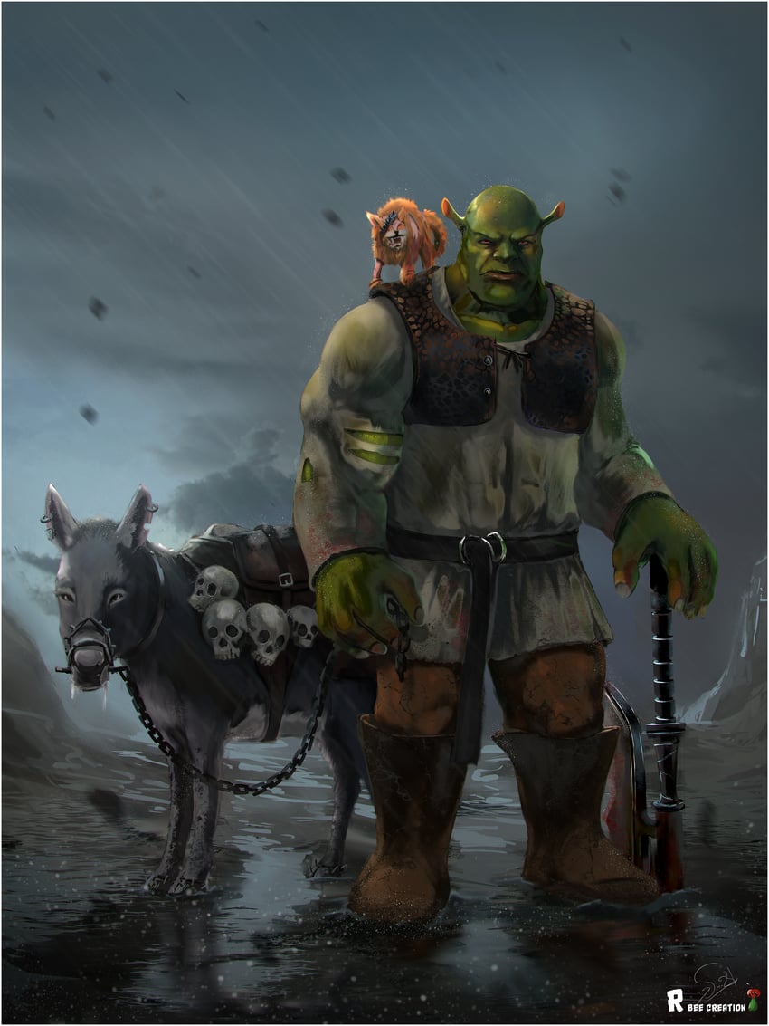shrek, puss in boots, and donkey (shrek) drawn by 95bee