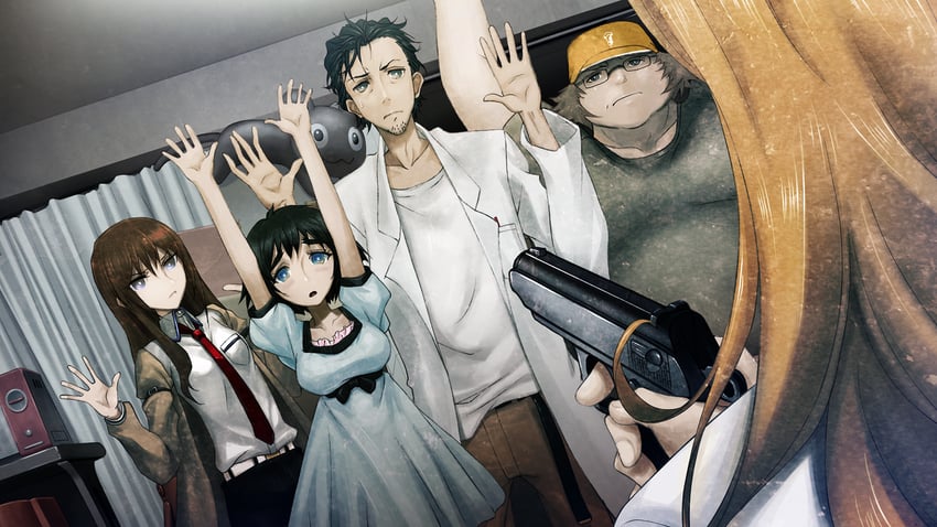 makise kurisu, okabe rintarou, shiina mayuri, kiryuu moeka, and hashida itaru (steins;gate and 1 more) drawn by huke