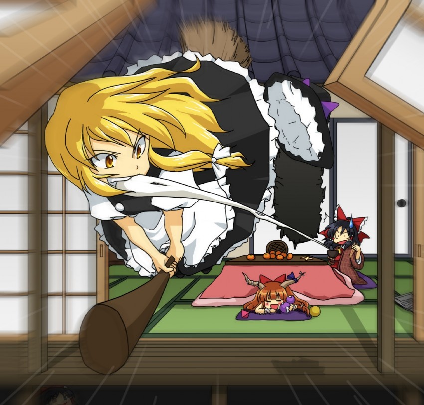 hakurei reimu, kirisame marisa, and ibuki suika (touhou) drawn by hanjuku_tomato