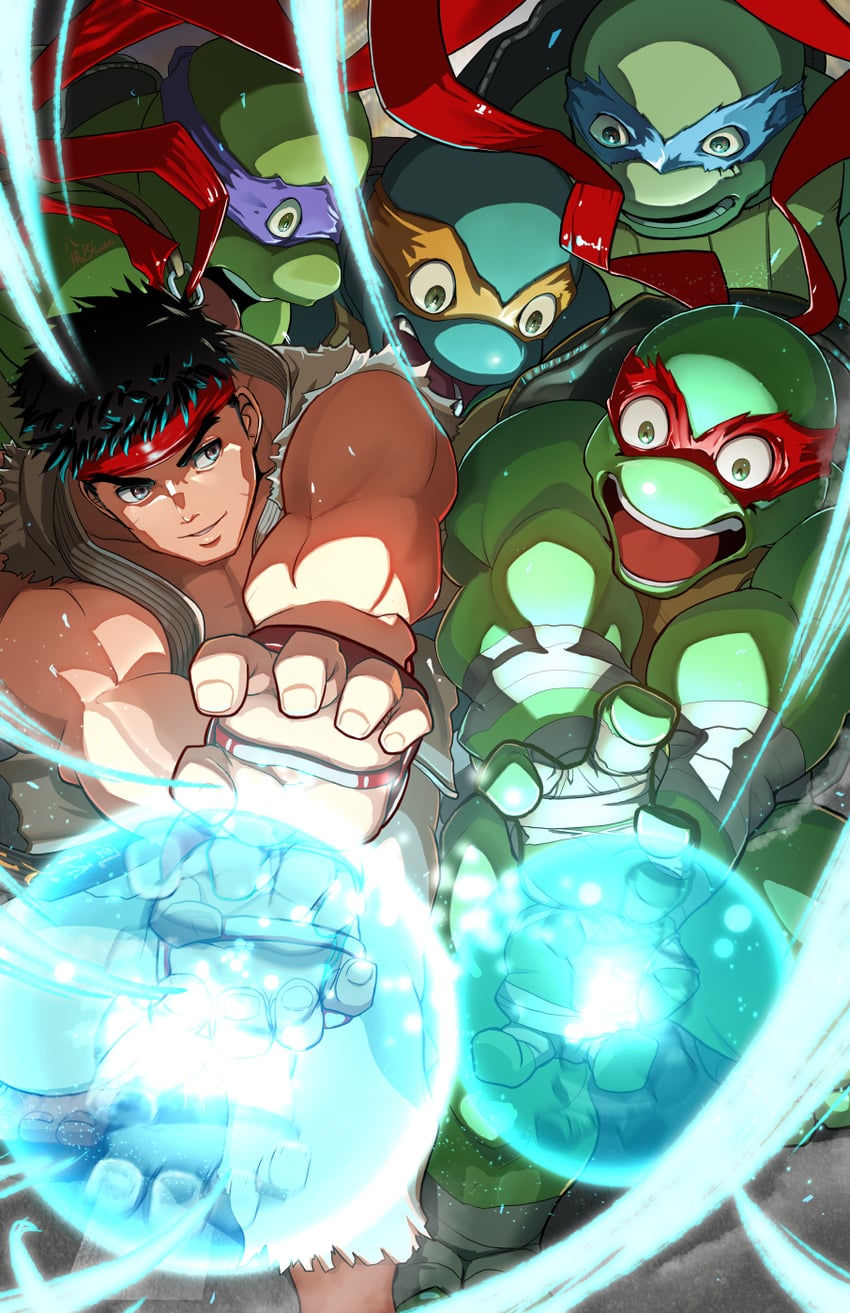 ryu, leonardo, raphael, donatello, and michelangelo (street fighter and 1 more) drawn by fujioka_yatsufusa