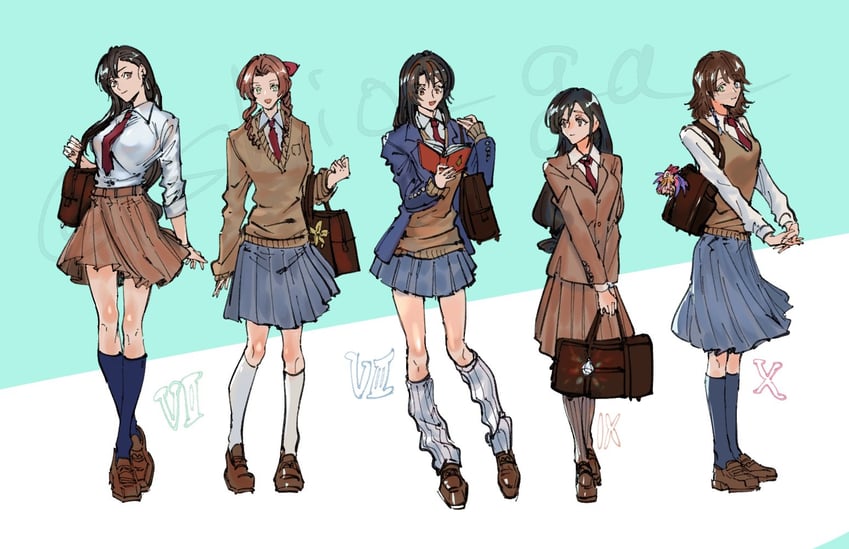 tifa lockhart, aerith gainsborough, garnet til alexandros xvii, yuna, rinoa heartilly, and 1 more (final fantasy and 4 more) drawn by shio_ga