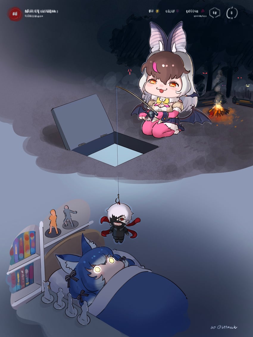 kaneki ken, brown long-eared bat, and dire wolf (kemono friends and 3 more) drawn by beleven