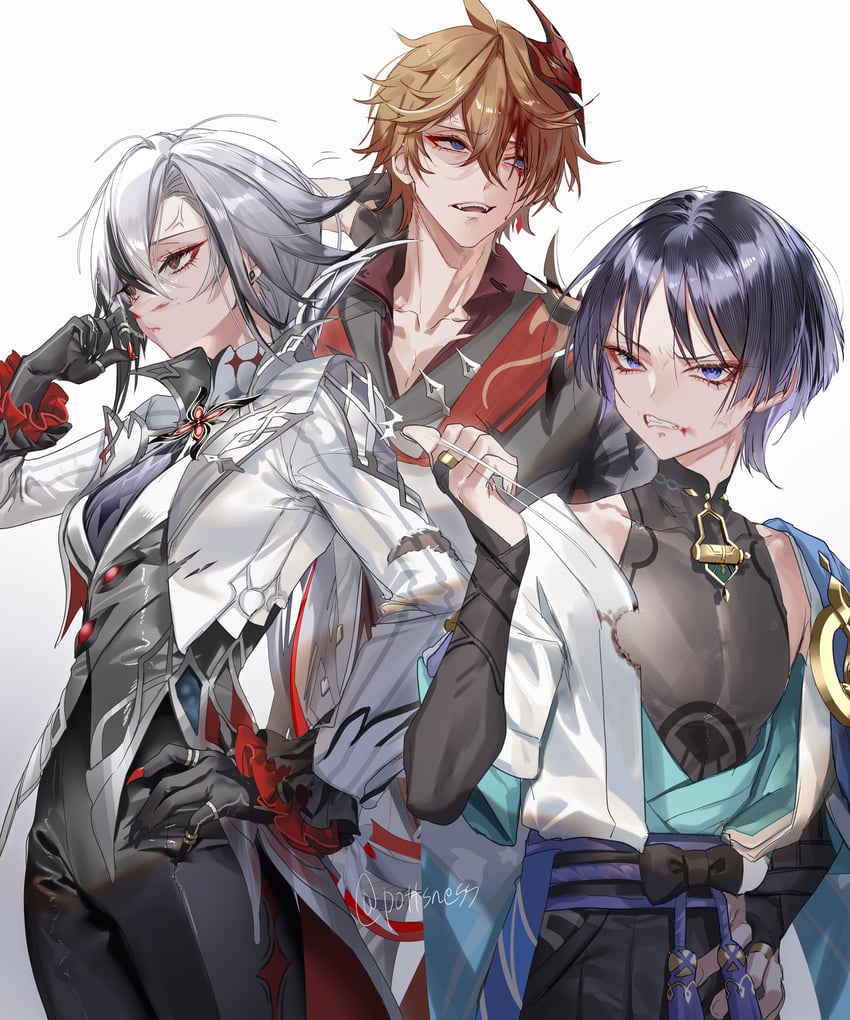 scaramouche, wanderer, tartaglia, and arlecchino (genshin impact) drawn by pottsness