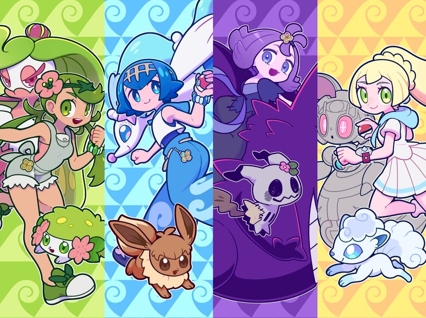 lillie, eevee, lana, gengar, mallow, and 7 more (pokemon and 1 more) drawn by bear_ringer