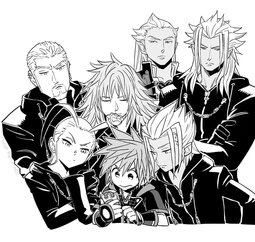 sora, xemnas, larxene, marluxia, xehanort, and 2 more (kingdom hearts and 1 more) drawn by amano_shiro