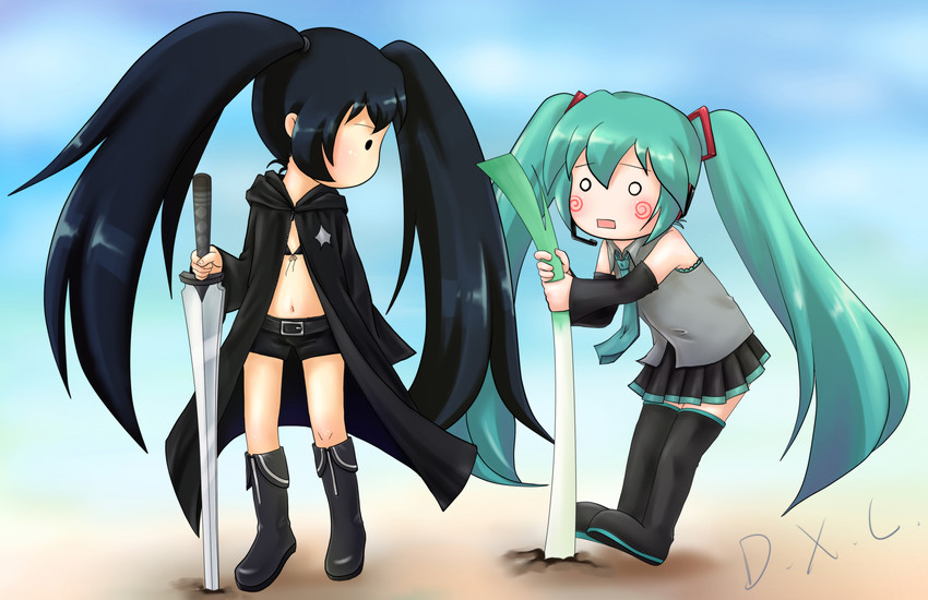 hatsune miku, black rock shooter, and hachune miku (vocaloid and 1 more) drawn by giyousou