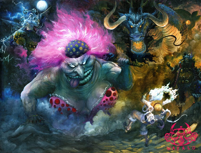 monkey d. luffy, kaidou, marshall d. teach, charlotte linlin, and enel (one piece) drawn by wafalo