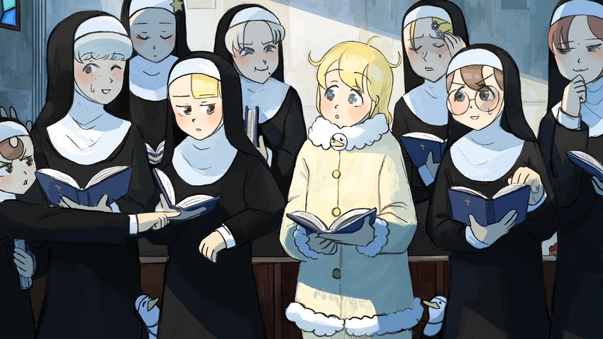clumsy nun, froggy nun, spicy nun, strict nun, sheep nun, and 4 more (little nuns) drawn by diva_(hyxpk)