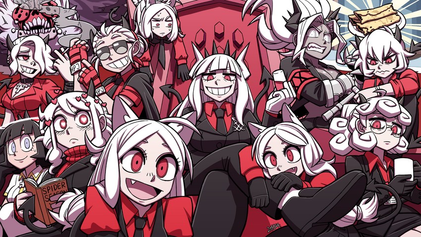lucifer, modeus, justice, cerberus, judgement, and 5 more (helltaker) drawn by isaosa