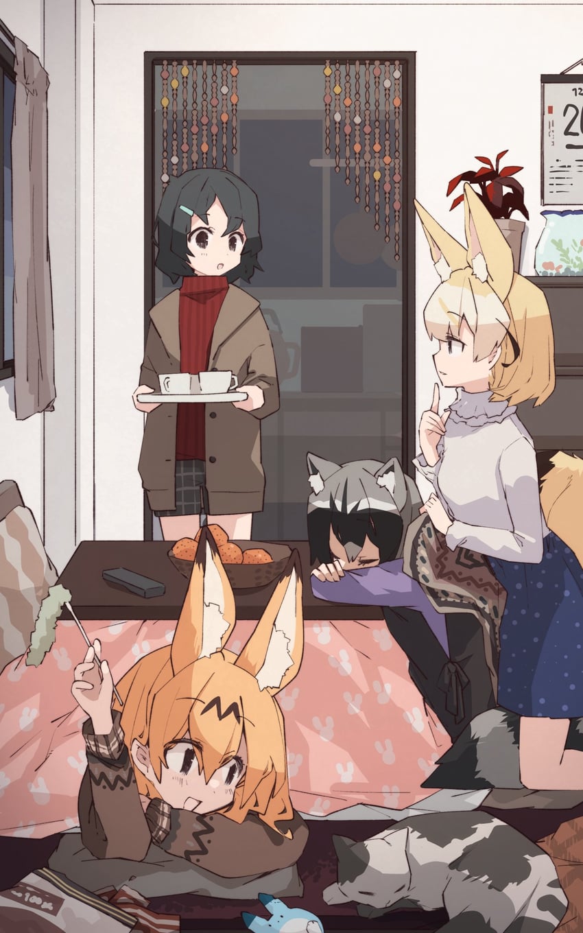 serval, kaban, common raccoon, and fennec (kemono friends) drawn by nanana_(nanana_iz)