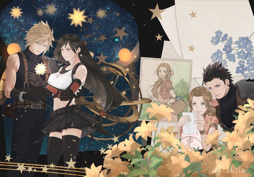 tifa lockhart, cloud strife, aerith gainsborough, and zack fair (final fantasy and 2 more) drawn by shillo
