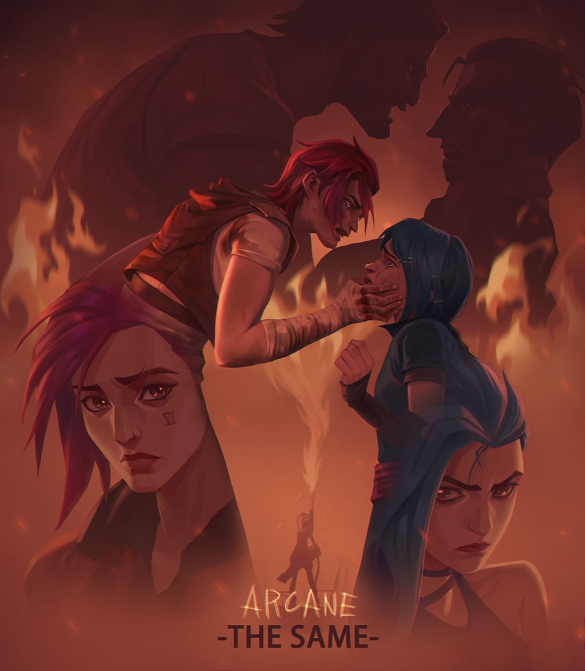 jinx, vi, arcane jinx, arcane vi, silco, and 3 more (league of legends and 1 more) drawn by yyc992