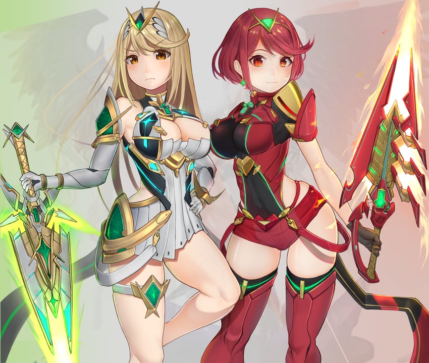 pyra and mythra (xenoblade chronicles and 1 more) drawn by gatchan