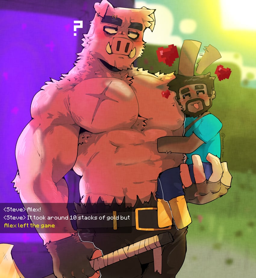 steve, piglin, and piglin brute (minecraft) drawn by makota_toh