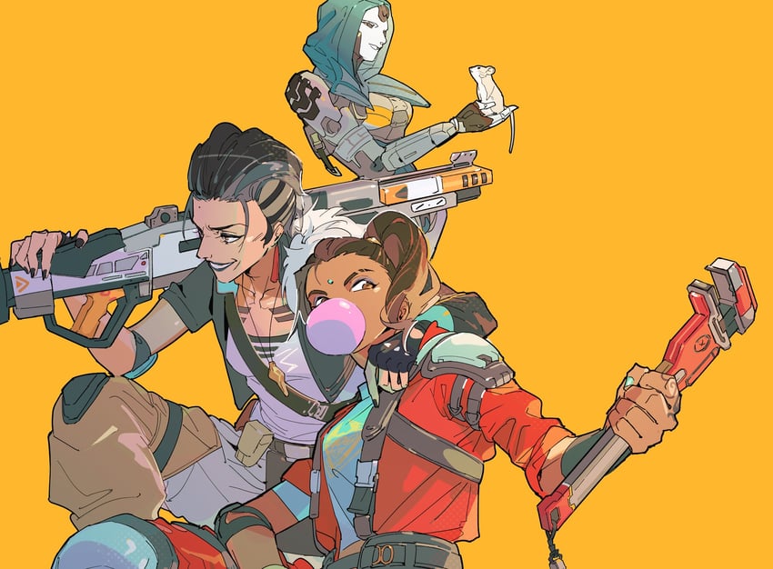 ash, rampart, mad maggie, and ash's rat (apex legends) drawn by thundergotch