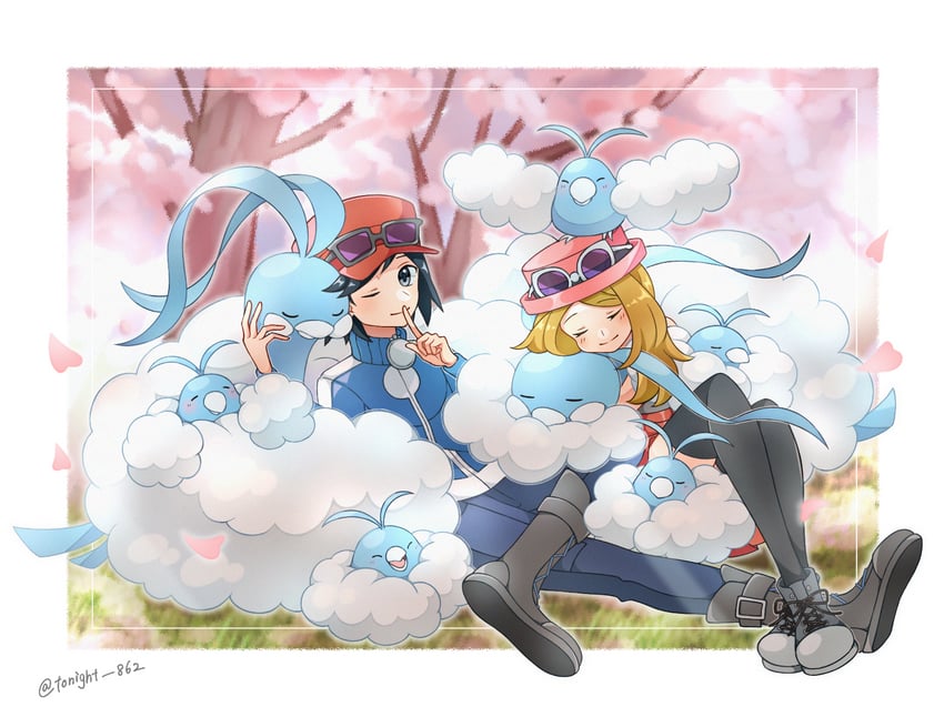 serena, calem, altaria, and swablu (pokemon and 1 more) drawn by rain_(tonight_862)