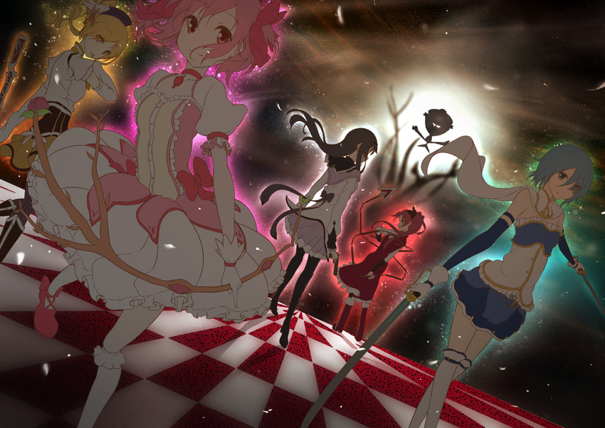 akemi homura, kaname madoka, miki sayaka, sakura kyoko, tomoe mami, and 1 more (mahou shoujo madoka magica) drawn by pachi_(sugiyama0306)
