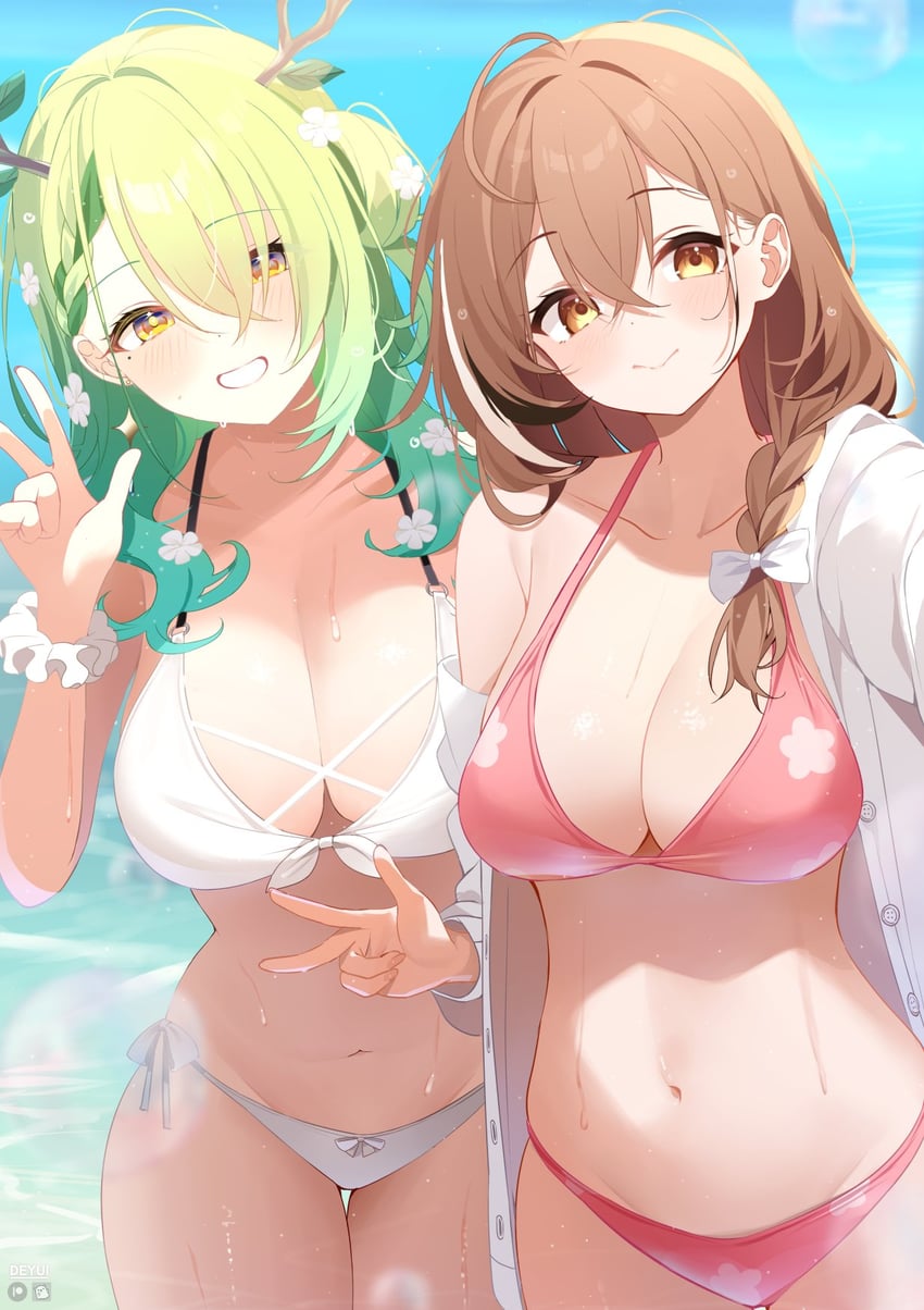 nanashi mumei and ceres fauna (hololive and 1 more) drawn by deyui