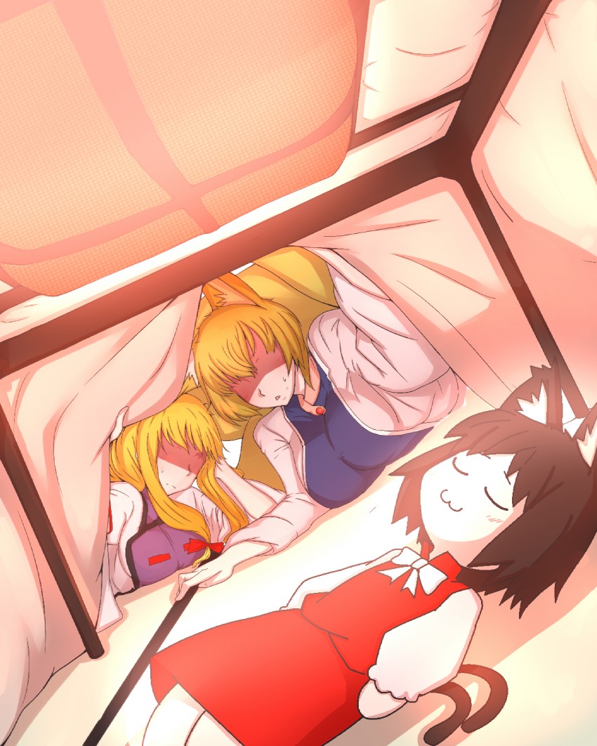 yakumo yukari, yakumo ran, chen, and aramaki scaltinof (touhou and 1 more) drawn by bakuya