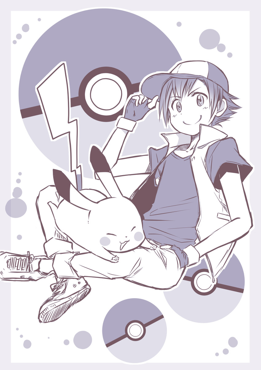 pikachu and ash ketchum (pokemon) drawn by orihara_sachiko