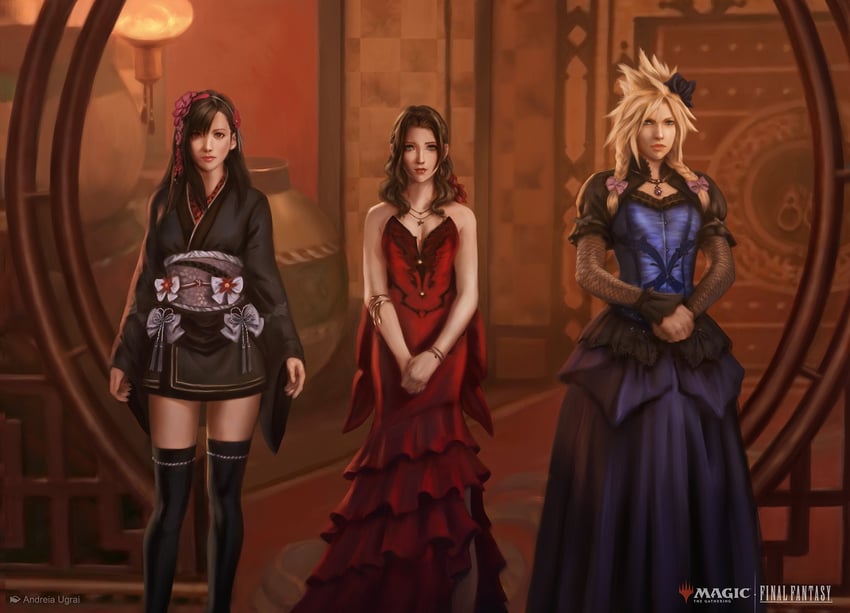 tifa lockhart, cloud strife, and aerith gainsborough (final fantasy and 3 more) drawn by andreiaugrai