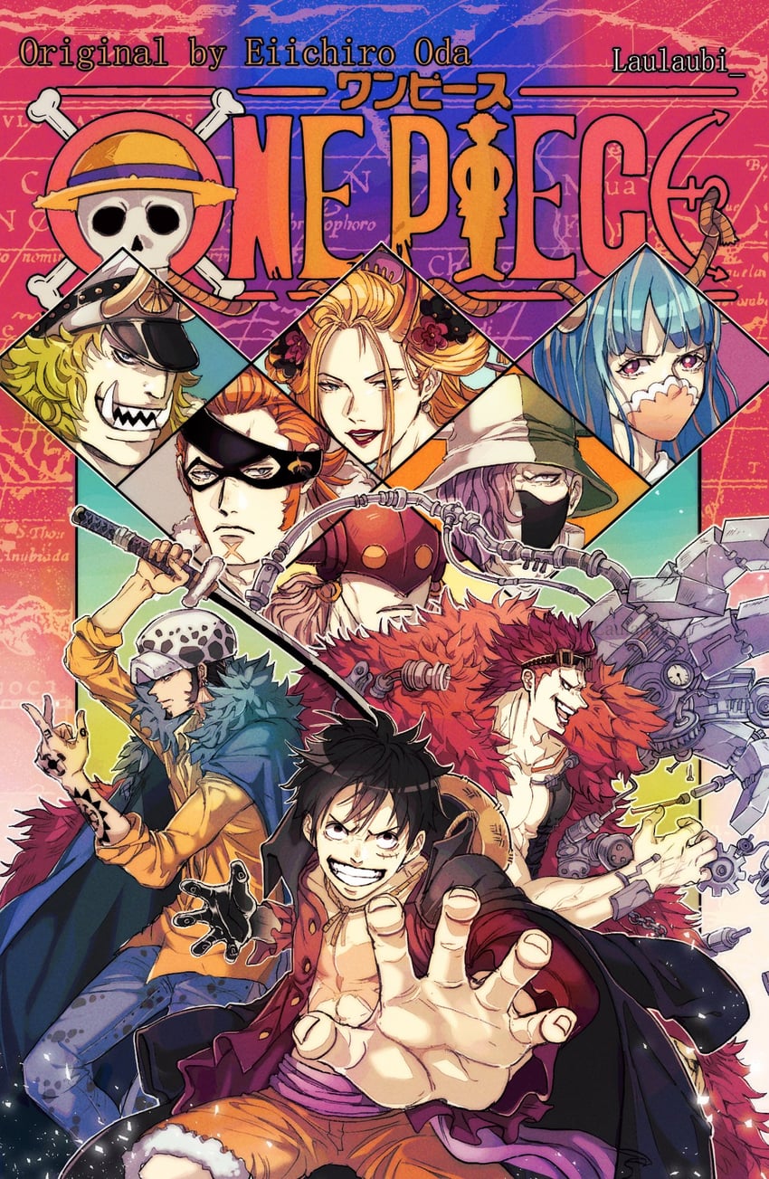 monkey d. luffy, trafalgar law, ulti, eustass kid, x drake, and 4 more (one piece) drawn by laulaubi