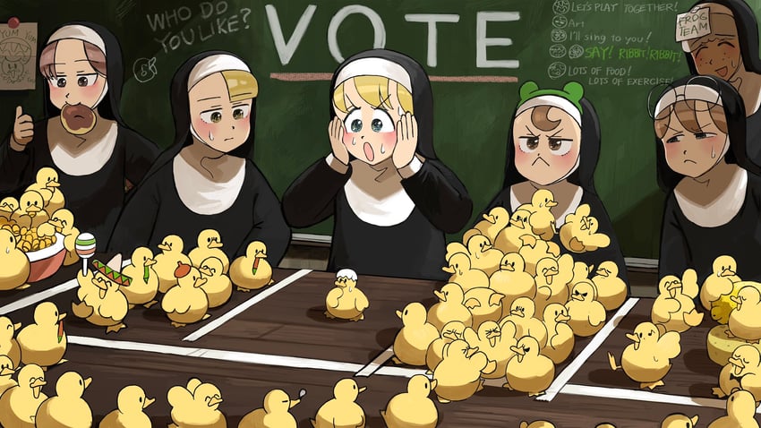clumsy nun, froggy nun, spicy nun, sheep nun, glasses nun, and 1 more (little nuns) drawn by diva_(hyxpk)