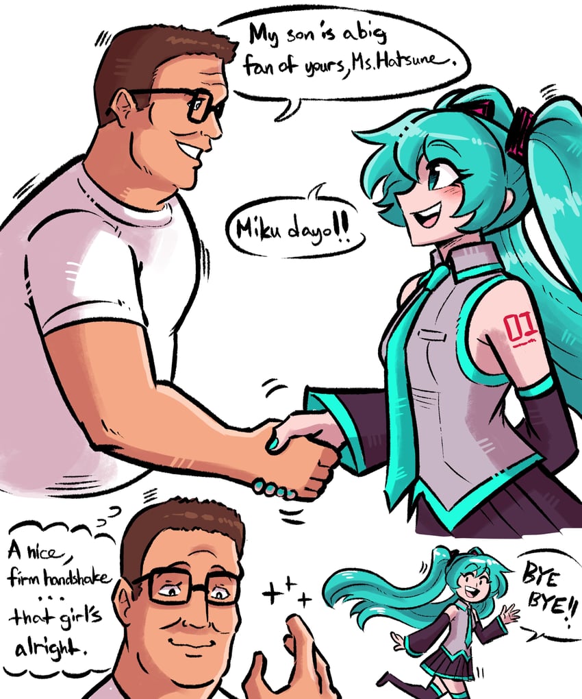 hatsune miku and hank hill (vocaloid and 1 more) drawn by scruffyturtles