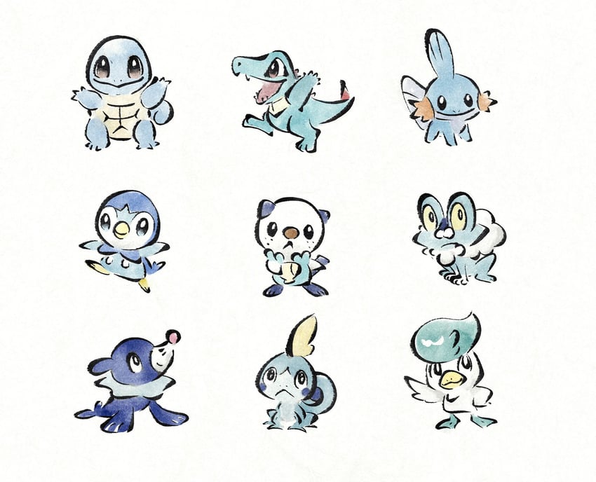 piplup, oshawott, squirtle, sobble, popplio, and 4 more (pokemon) drawn by metikyun