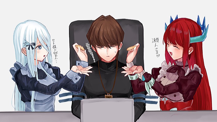 kaiba seto, kitchen dragonmaid, blue-eyes white dragon, and kisara (yu-gi-oh! and 1 more) drawn by honi_hogya
