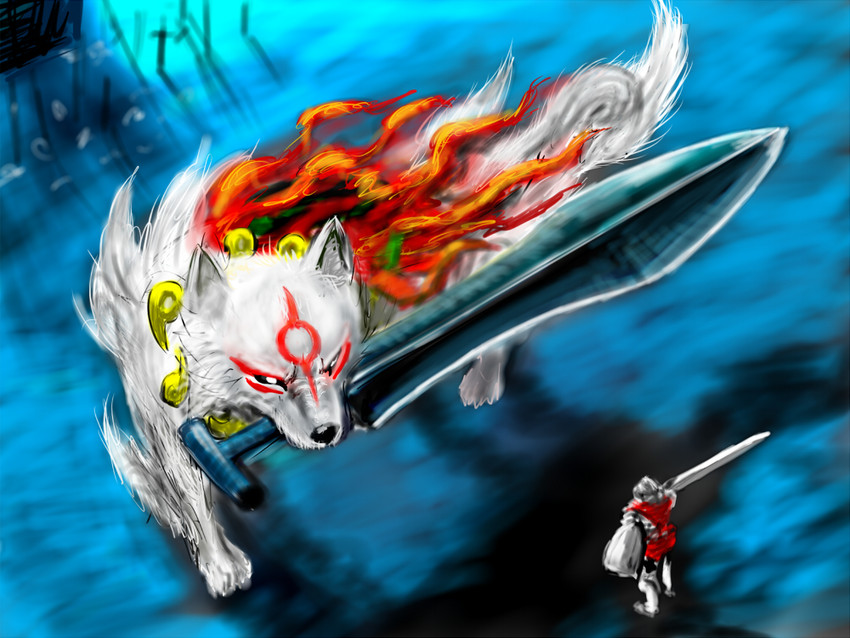 amaterasu, chosen undead, and great grey wolf sif (dark souls and 2 more) drawn by ogamiya_jin