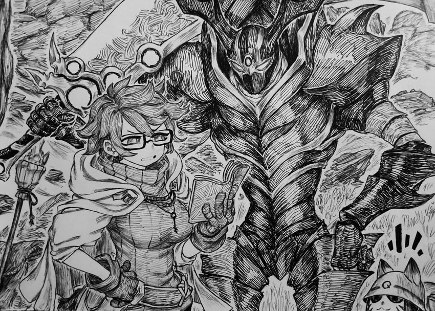 aussa, aussa the earth charmer, buster blader, and rescue cat (yu-gi-oh! and 2 more) drawn by chronozbergh