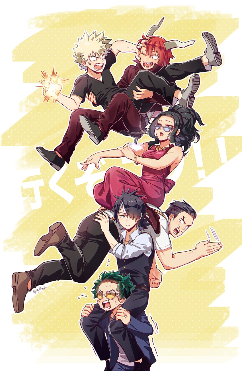 midoriya izuku, bakugou katsuki, todoroki shoto, yaoyorozu momo, kirishima eijiro, and 1 more (boku no hero academia) drawn by lowah