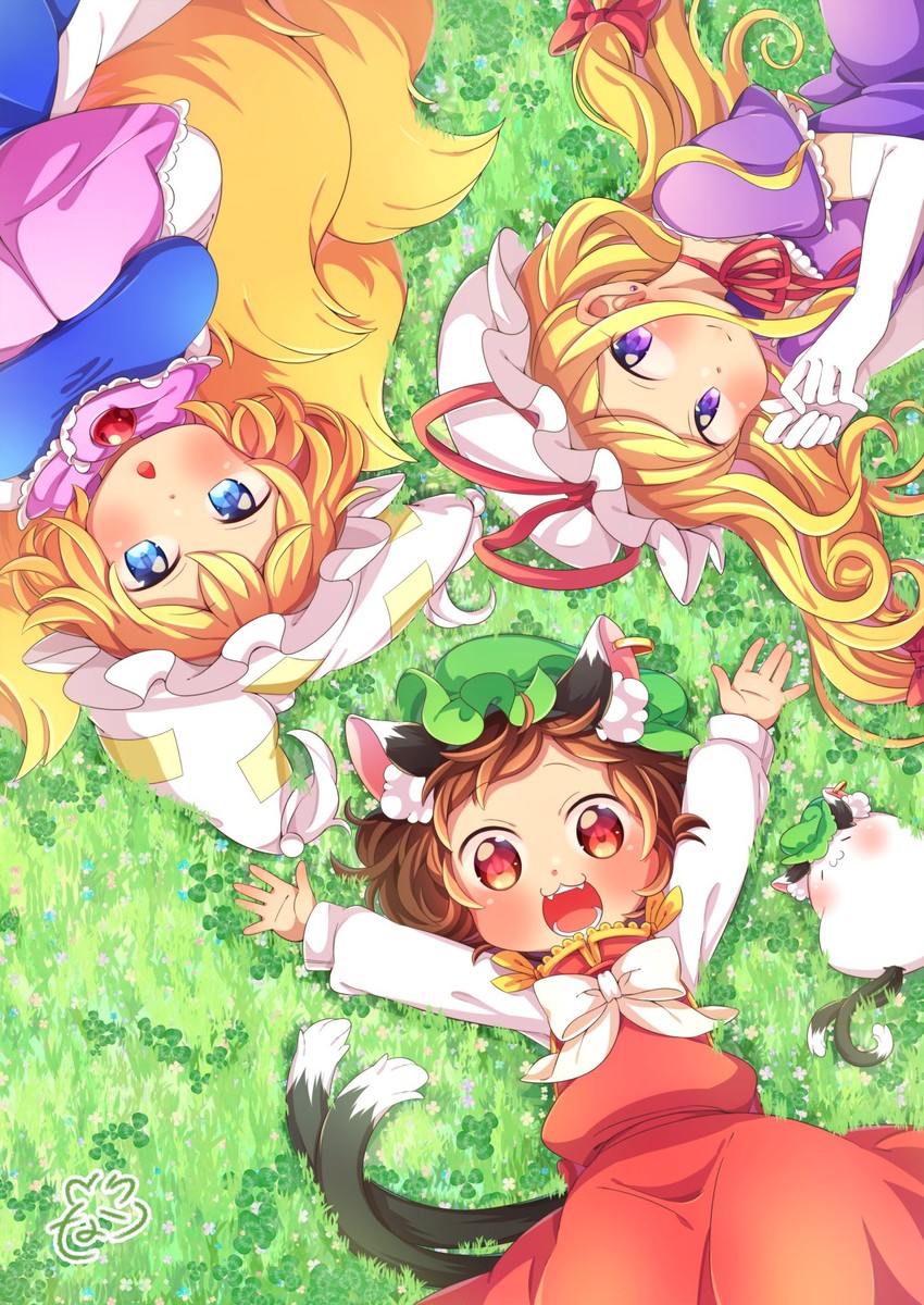 yakumo yukari, yakumo ran, chen, and mochen (touhou) drawn by ibaraki_natou