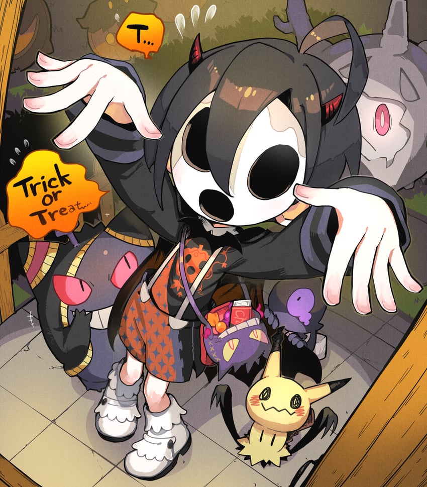 gengar, mimikyu, allister, banette, pumpkaboo, and 3 more (pokemon and 1 more) drawn by sakutake_(ue3sayu)
