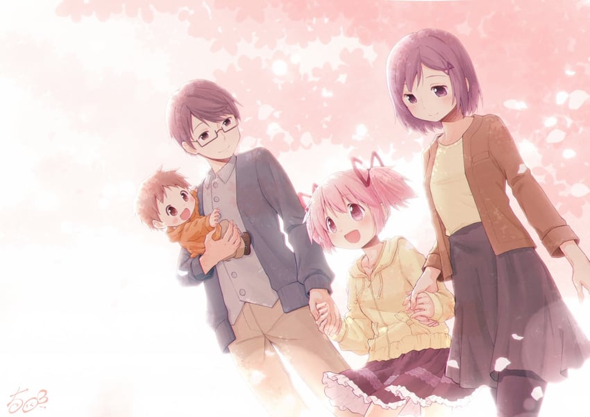 kaname madoka, kaname junko, kaname tatsuya, and kaname tomohisa (mahou shoujo madoka magica) drawn by iso_usagi
