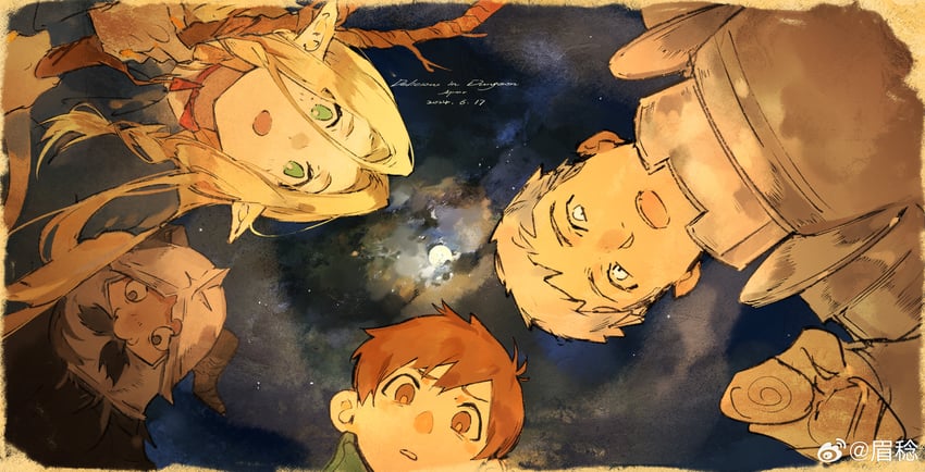 marcille donato, laios touden, senshi, and chilchuck tims (dungeon meshi) drawn by mei_ren