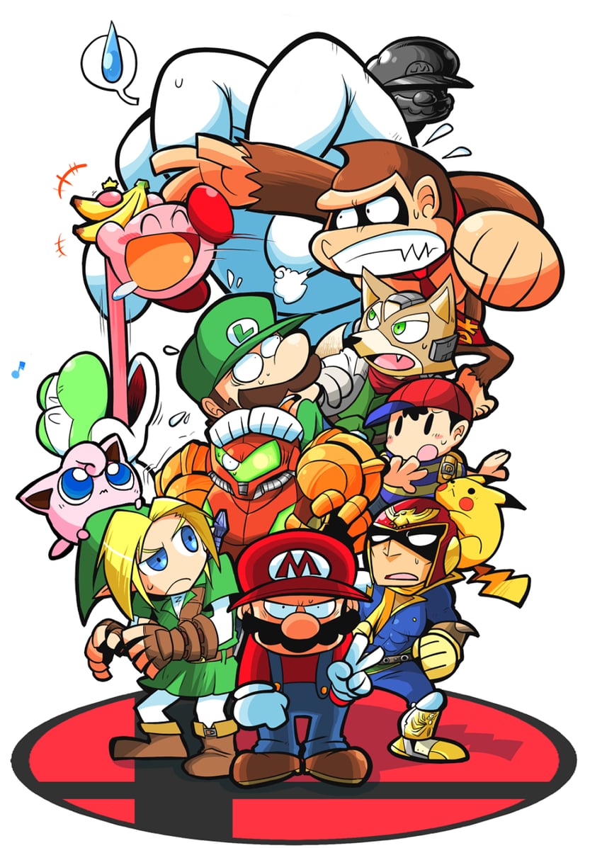 link, pikachu, kirby, samus aran, mario, and 9 more (pokemon and 10 more) drawn by rariatto_(ganguri)