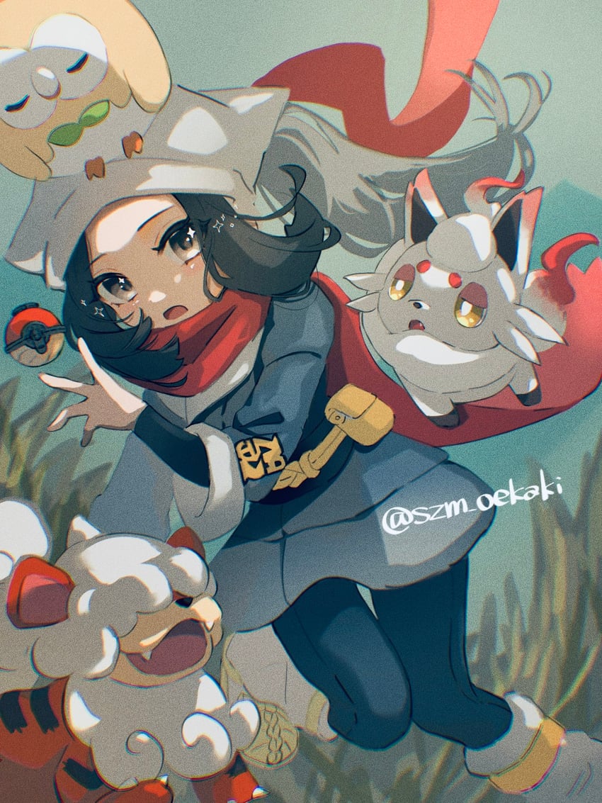 akari, rowlet, hisuian zorua, and hisuian growlithe (pokemon and 1 more) drawn by szm_oekaki